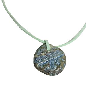 Artisan Air Dry Clay Etched Zig Zag Blue Green Pendant Necklace